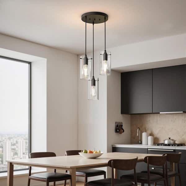 10 in. 3-Light Matte Black Vintage Cluster Pendant Light Fixture with Large Clear Glass for Dining Table