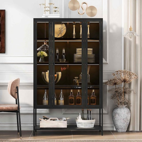 Black 67.25 in. Accent Cabinet, Display Cabinet with Glass Door and LED Lights