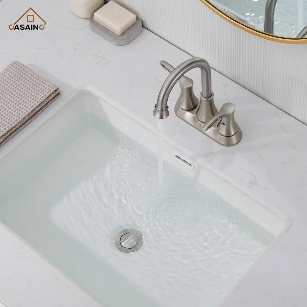 Brushed Nickel Dual Handle High Arc Bathroom Faucet with Metal Drain