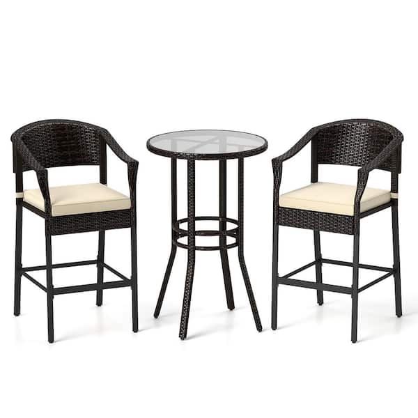 ANGELES HOME 3-Piece Wicker Outdoor Serving Bar Set with Tempered Glass Top for Backyard Poolside, Off White Cushions