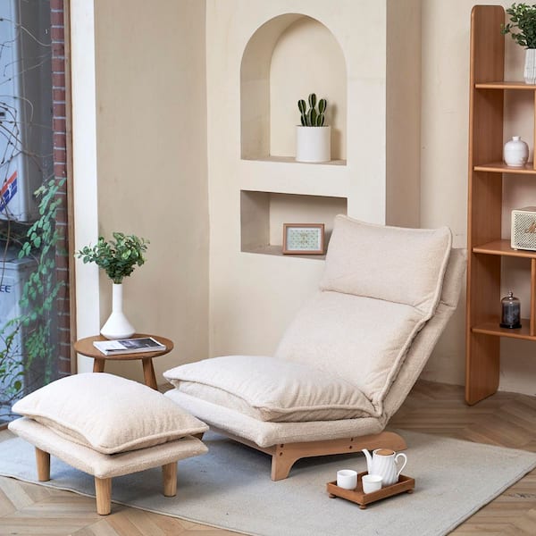 Denise Beige Fabric Cotton Wood Base Recliner with Foldable Design and Ottoman