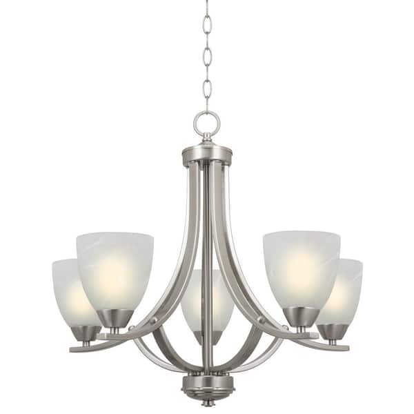 Kira Home Weston 60-Watt 5-Light Brushed Nickel Transitional Chandelier with Alabaster Shade, No Bulb Included