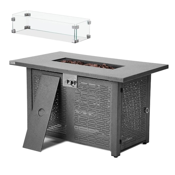 Unbranded 42 in. Metal Outdoor Propane Gas Fire Pit Table in Gray 50,000 BTU with Glass Wind Guard, Lava Rocks, Rain Cover