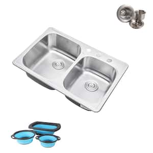 Topmount Drop-In 18G Stainless Steel 33-1/8 in. 3 Hole 60/40 Double Bowl Kitchen Sink w/ Collapsible Silicone Colanders