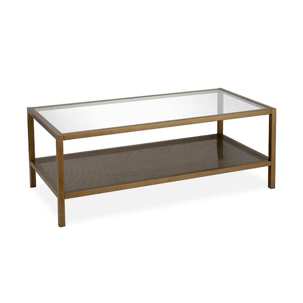 Meyer&Cross Rigan 45 in. Brass/Clear Large Rectangle Glass Coffee Table with Shelf