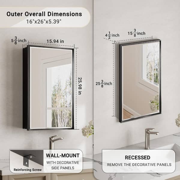 Musey 16 in W x 26 in H Black Rectangular Aluminum Medicine Cabinet with Beveled Mirror and Shelves, Recessed or Surface