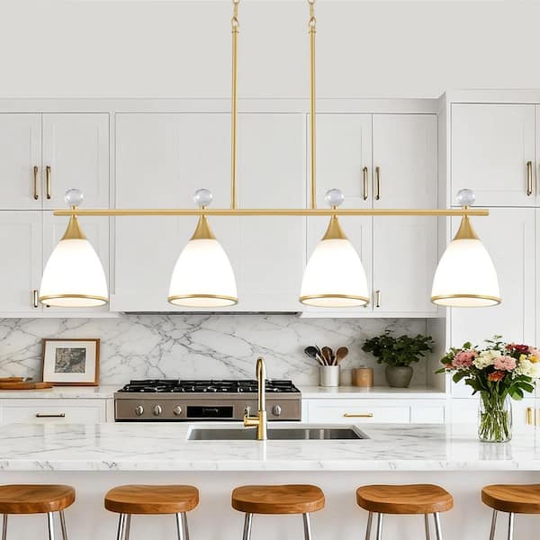4-Light Gold Modern Linear Kitchen Island Pendant with White Glass Shades