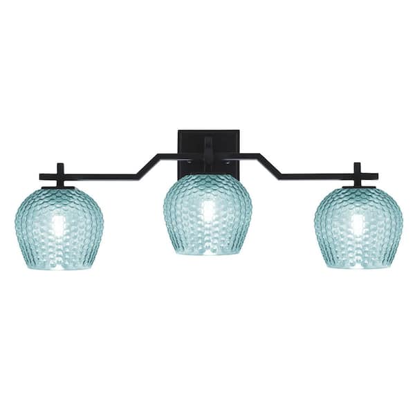 Unbranded Bridgewater 27 in. 3 Light Vanity Light Matte Black with 6 in. Turquoise Textured Glass Shades, No Bulbs Included