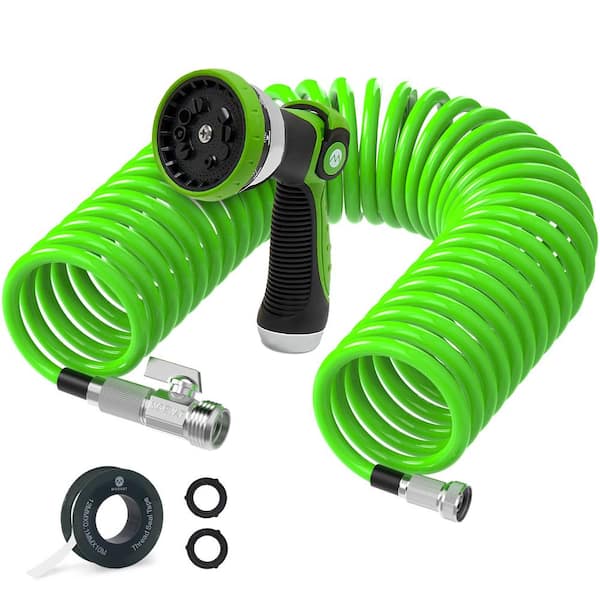 Morvat 1/2 in. x 25 ft. Coil Garden Hose with ON/OFF Valve, Includes 10 Way Sprayer, Teflon Tape and Washers