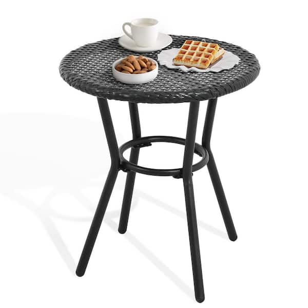 DEXTRUS Black Rustproof Steel Frame Outdoor Side Table with Wicker Table Top