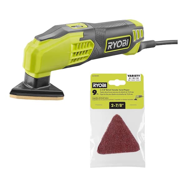 RYOBI 0.4 Amp Corded 2-7/8 in. Detail Sander with Extra 9-Piece 2-7/8 in. Detail Sand Paper Assortment Set