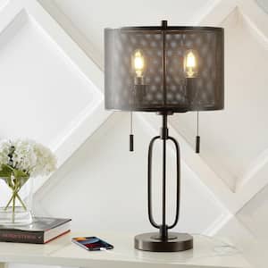 Hank 27 in. Oil Rubbed Bronze 2-Light Industrial Farmhouse Iron LED Table Lamp with USB Charging Port