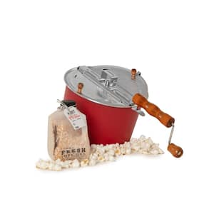 6 Qt. Aluminum Red Stovetop Popcorn Popper with Metal Gears and Popcorn Milk Jug 2-Piece Popcorn Set