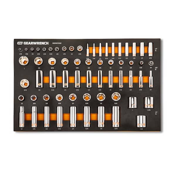 1/4 in., 3/8 in., and 1/2 in. Drive Hi-Viz SAE Socket Set in Foam Tray (63-Piece)