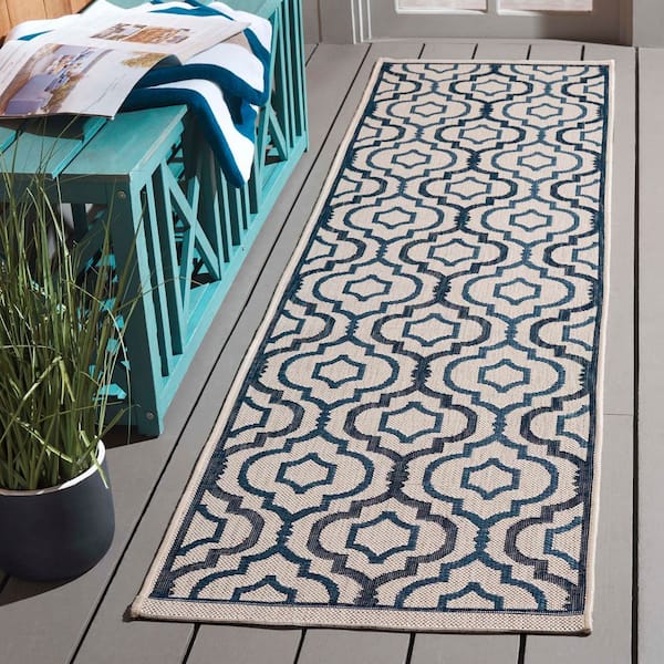 Courtyard Beige/Navy 2 ft. x 8 ft. Floral Trellis Indoor/Outdoor Runner Rug