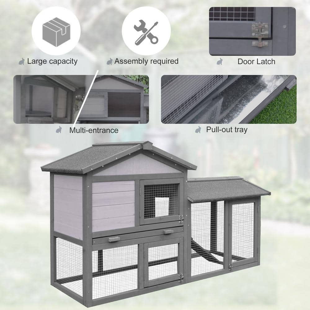 Dark Gray and White Wooden Guinea Pig Hutch with Run