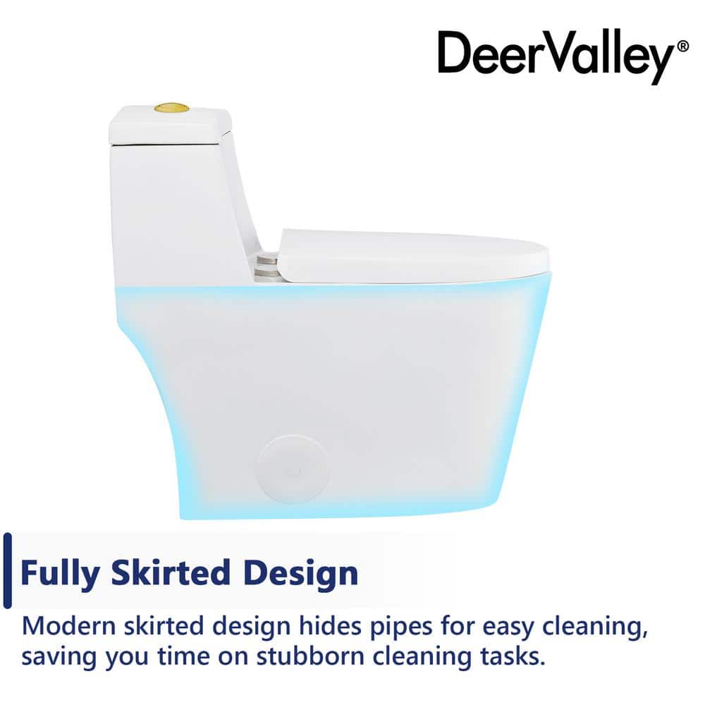 White and Gold Dual-Flush Elongated One-Piece Toilet
