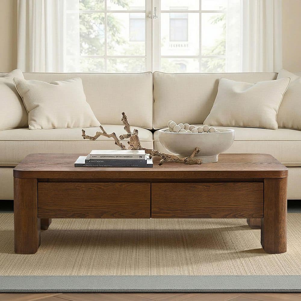 Cipher 55 in. Walnut Rectangle Wood Coffee Table with Solid Wood Legs