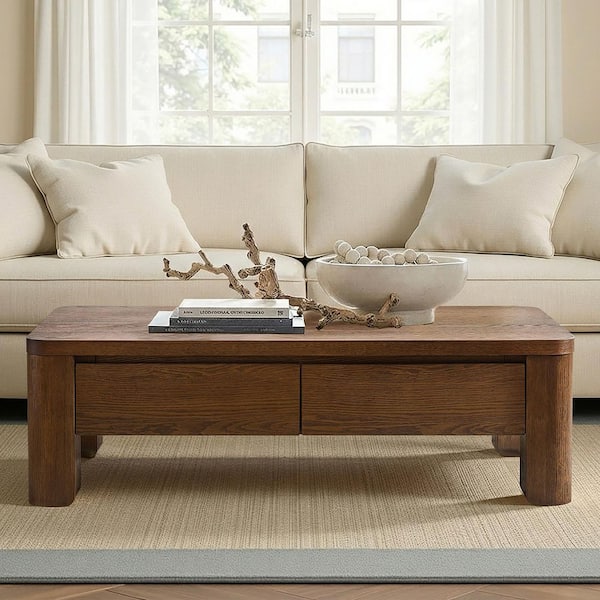 Cipher 55 in. Walnut Rectangle Wood Coffee Table with Solid Wood Legs