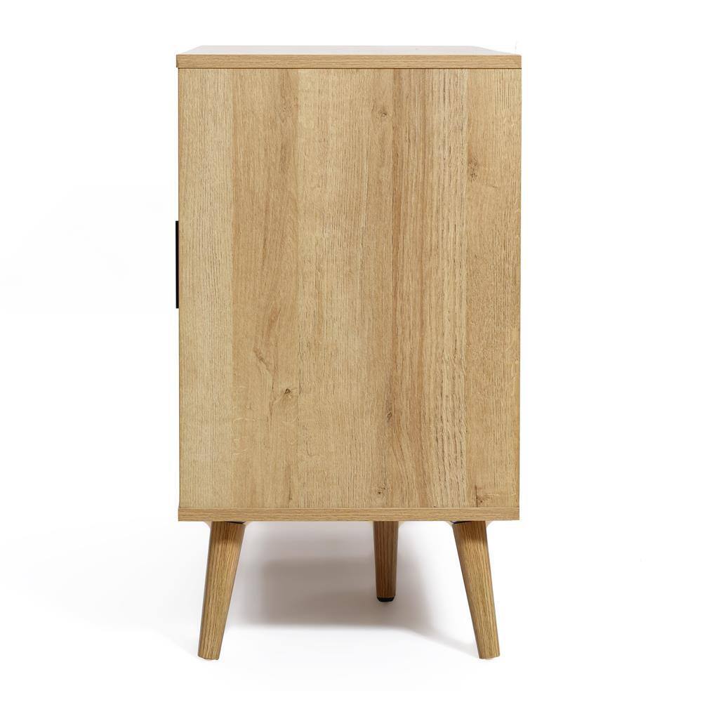 Light Oak 3-Door Rattan and Wood Sideboard Cabinet