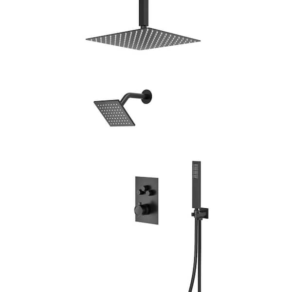 Crozet Thermostatic 7-Spray Ceiling Mount Dual Fixed and Handheld Shower Head Shower Faucet 2.5 GPM in Matte Black