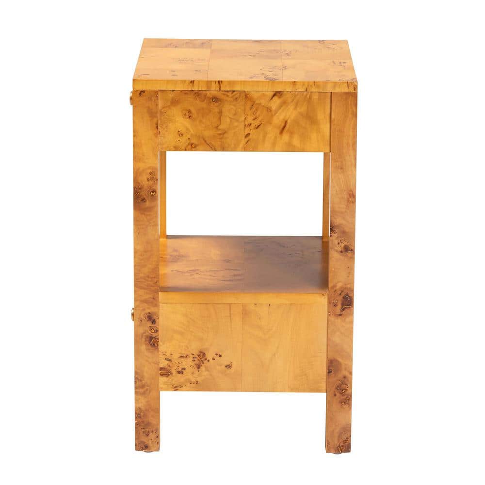 Azmi Natural Light Burl Wood 2-Drawer Nightstand with Open Shelf