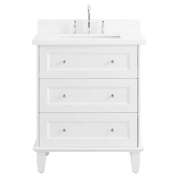 CHAMELEON CONCEPTS Lenore 30 in. Free Standing Bath Vanity in White with Pure White Quartz Top and Single Sink Ceramic Basin