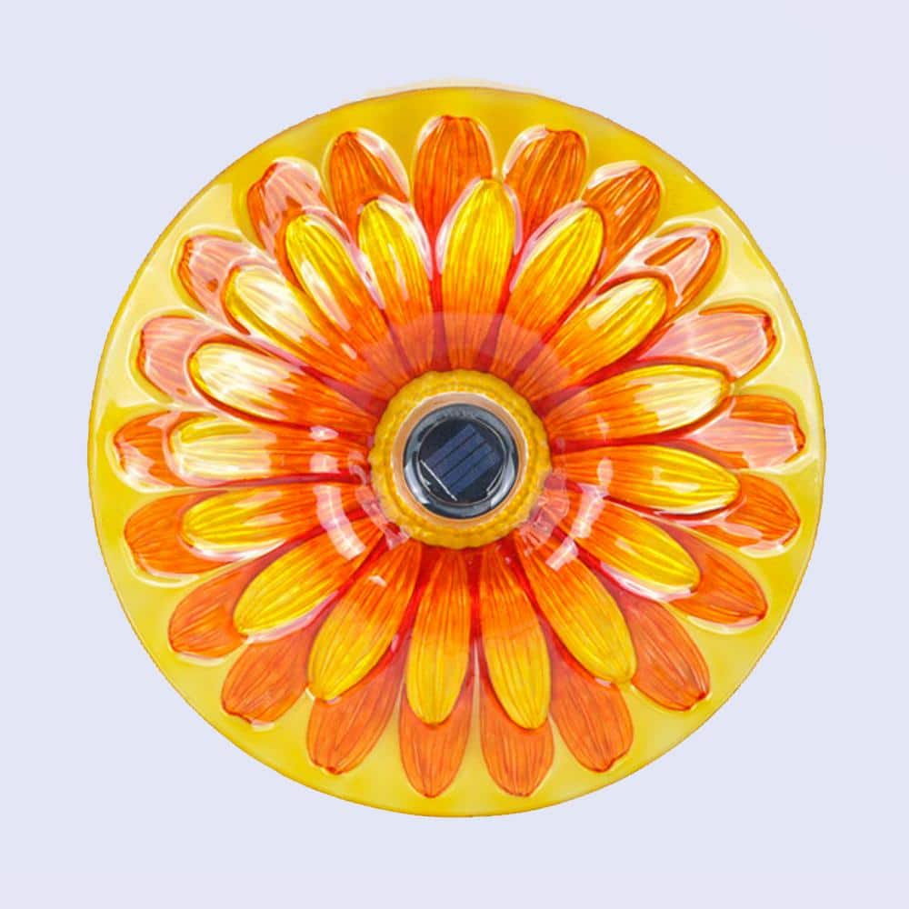 Solar Floral Glass Bird Bath with Metal Stand