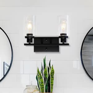 14.5 in. 2-Light Industrial Matte Black Vanity Light Fixtures for Bathroom with Clear Glass Shades