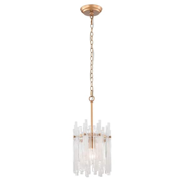 Elsa 60-Watt 8 in. Dia 1-Light Shiny Bronze Drum Pendant Light with Clear Glass Bars