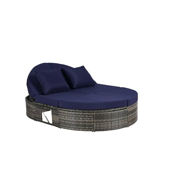 Sudzendf Wicker Outdoor Round Day Bed with Dark Blue Cushions and Pillows, Adjustable Backrests and Foldable Cup Trays