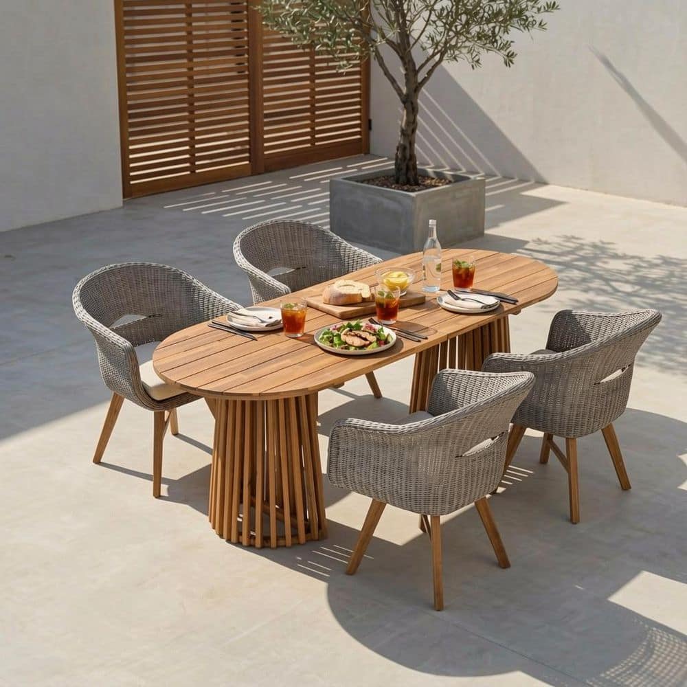 Zayden 5-Piece Solid Wood and Wicker Chairs Oval Patio Outdoor Dining Set with Beige Cushions, Brown Plus Ash Grey
