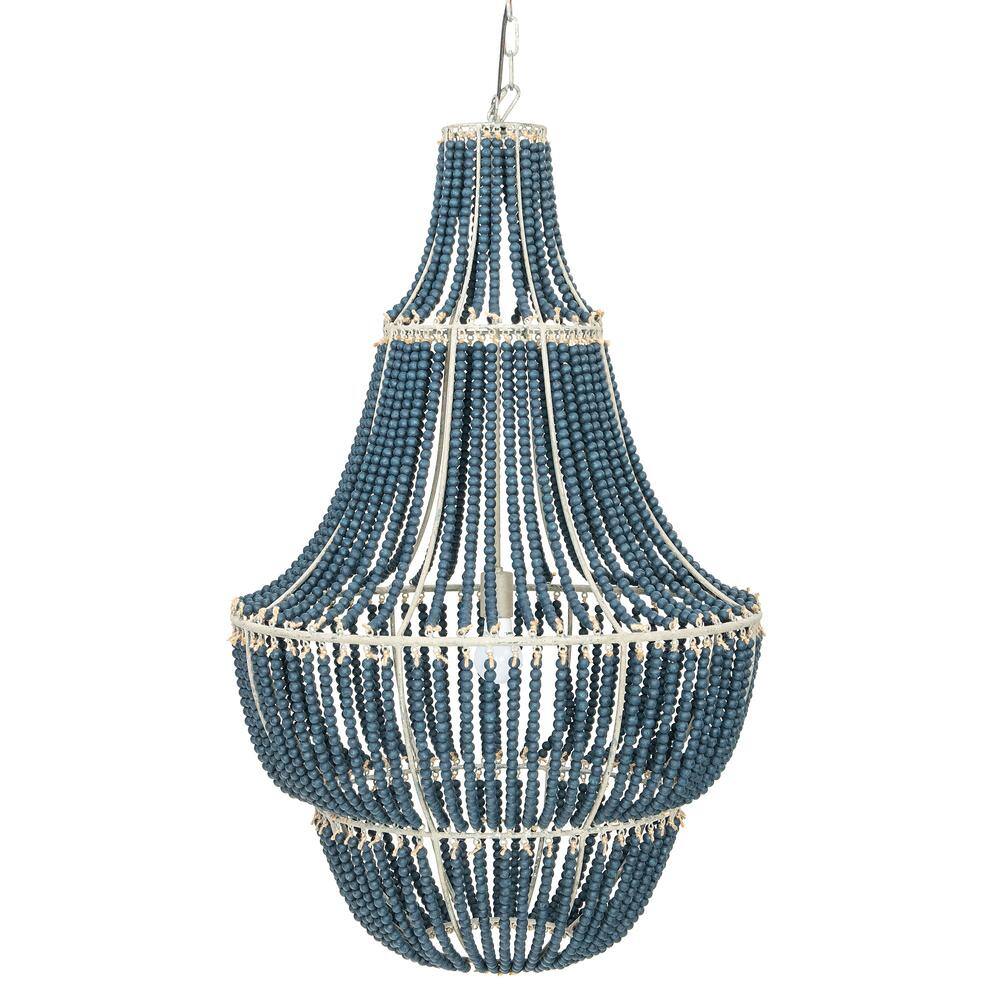 Elegant Blue Wood Beaded 41" Chandelier for Warm Ambiance