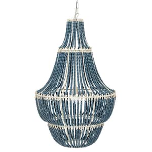 1-Light Blue Washed Beaded Circle Metal and Draped Wood Chandelier