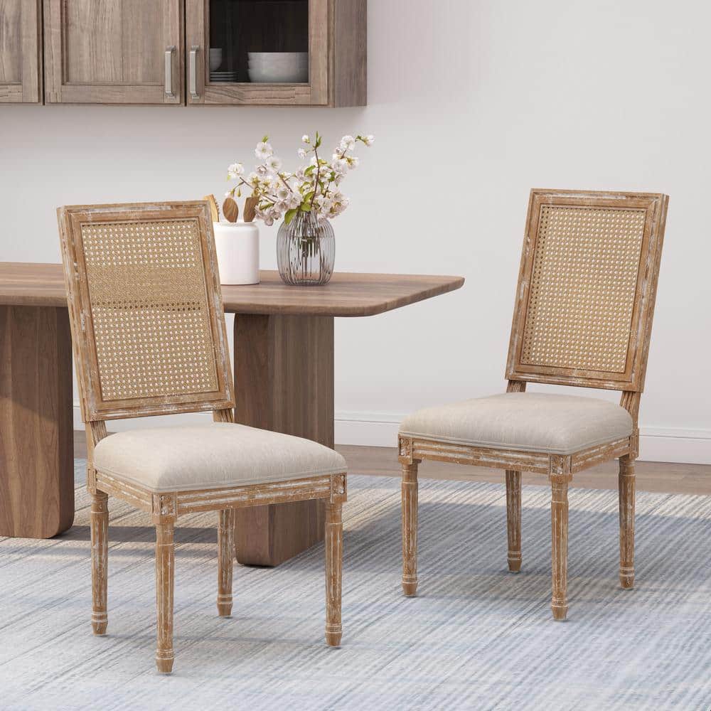 Elegant Beige Parsons Side Chair with Cane Backrest and Fluted Legs, Set of 2