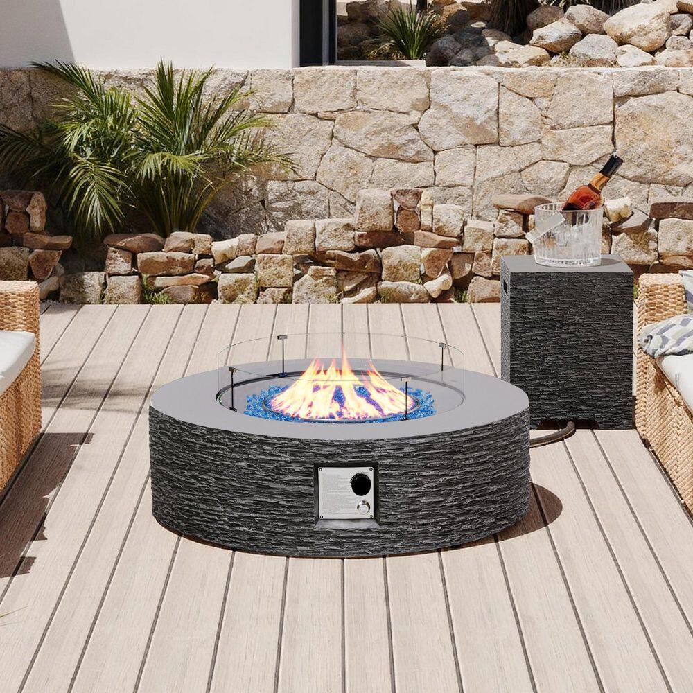 42 in. Round Concrete Propane Fire Pit Table with Tank Cover and Wind Guard, Dark Gray price history on PriceWatchPro