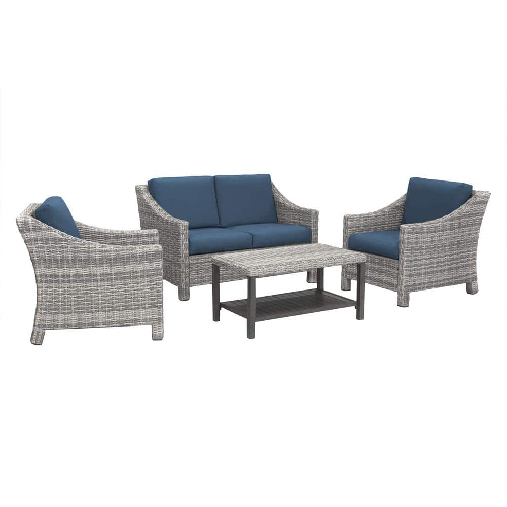 Leisure Made Marietta 4Piece Wicker Patio Conversation Set with Sunbrella Navy Cushions 906420