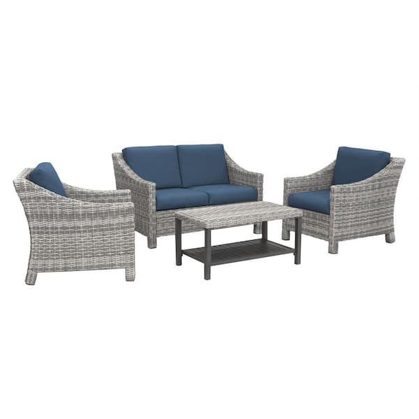 Leisure Made Marietta 4-Piece Wicker Patio Conversation Set with Sunbrella Navy Cushions
