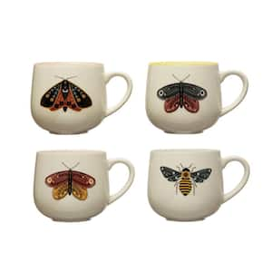 12 oz. Multicolor Stoneware Mugs with Painted Winged Insects (Set of 4)