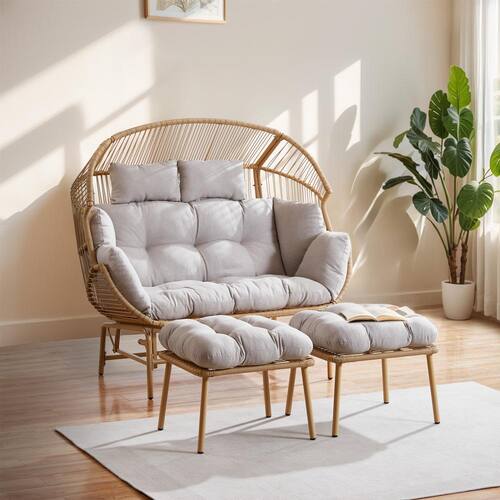 3-Piece Patio Egg Chair Set, 2-Person Yellow Wicker Outdoor Glider