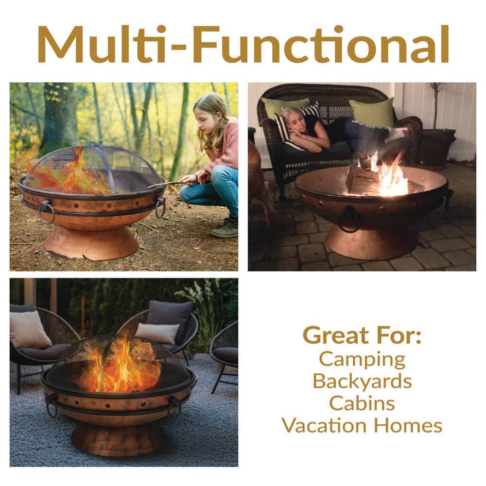 Copper Finish 30-Inch Round Wood-Burning Fire Pit with Handles