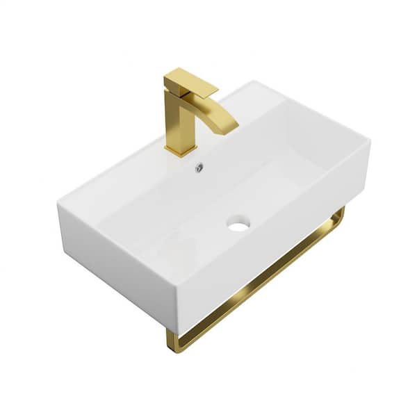 Avex 21 in. Wall Mounted Bathroom Sink in White with Gold Towel Bar and Gold Faucet