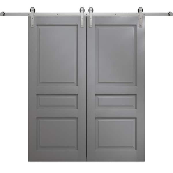 84 in. x 96 in. Painted Grey Oak Solid Wood Double Barn Door Slab With Hardware