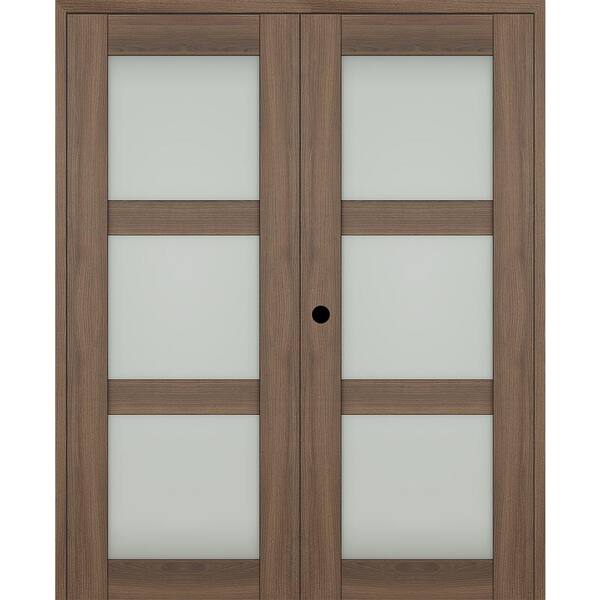 Belldinni Vona 36"x 96" Right Hand Active 3-Lite Frosted Glass Pecan Nutwood Wood Composite Double Prehung French Door