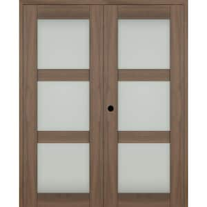 Vona 72"x 84" Right Hand Active 3-Lite Frosted Glass Pecan Nutwood Wood Composite Double Prehung French Door