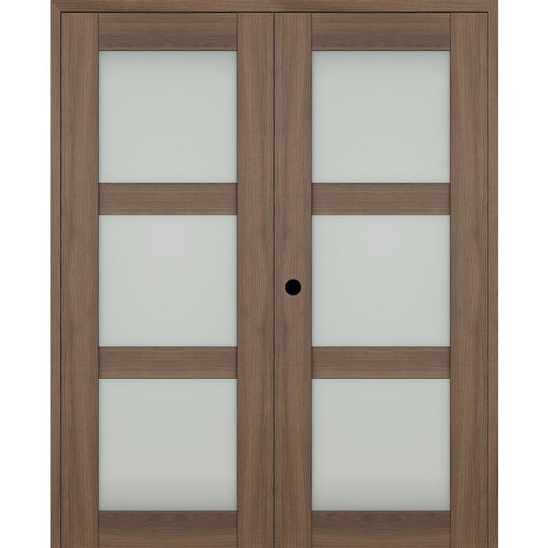 Vona 72"x 84" Right Hand Active 3-Lite Frosted Glass Pecan Nutwood Wood Composite Double Prehung French Door