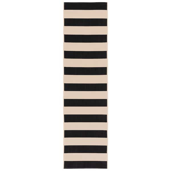 Courtyard Beige/Black 2 ft. x 7 ft. Awning Stripe Indoor/Outdoor Runner Rug