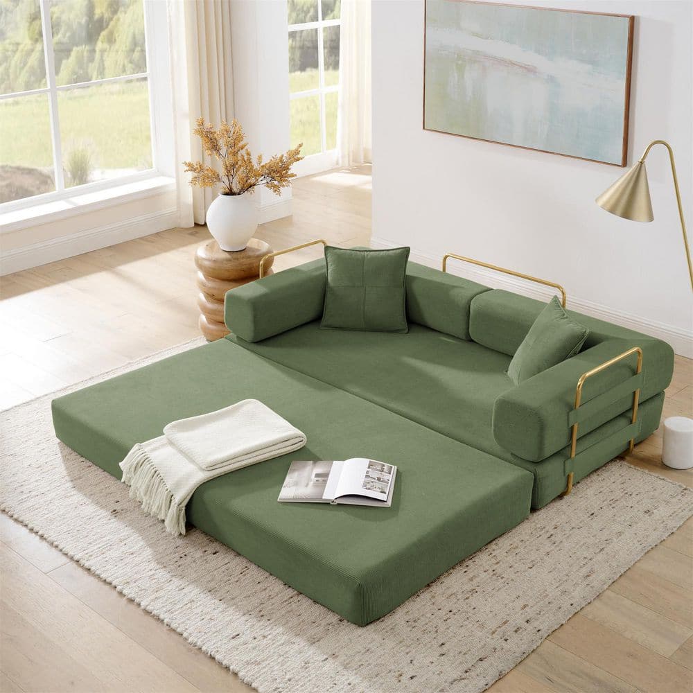 Asucoora 78 in. Green Corduroy King Size Convertible Sleeper