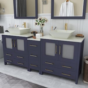Ravenna 72 in. W Double Basin Bathroom Vanity in Blue with White Engineered Marble Top and Mirrors
