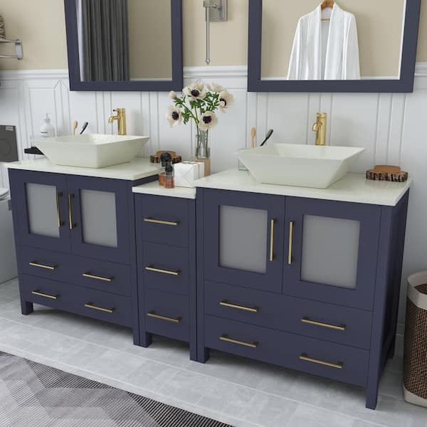 Ravenna 72 in. W Double Basin Bathroom Vanity in Blue with White Engineered Marble Top and Mirrors